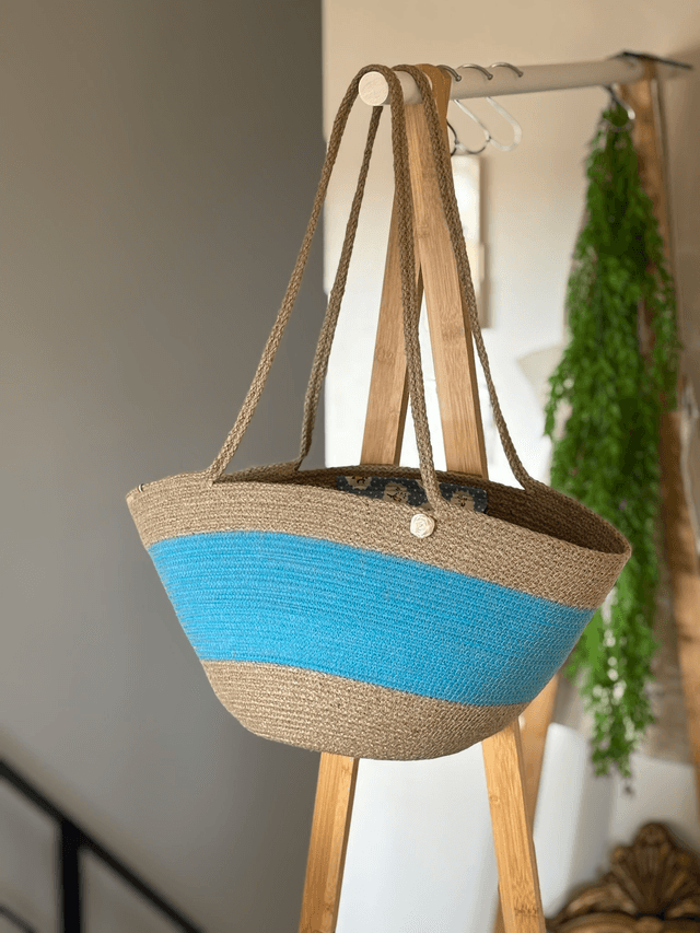 Sac cabas format moyen tresse jute & coton turquoise