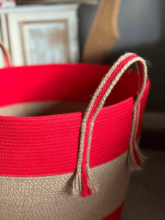 Panier de rangement décoratif tresse jute & coton rouge