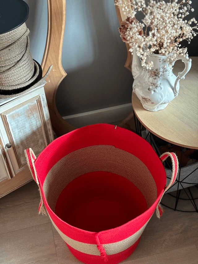 Panier de rangement décoratif tresse jute & coton rouge
