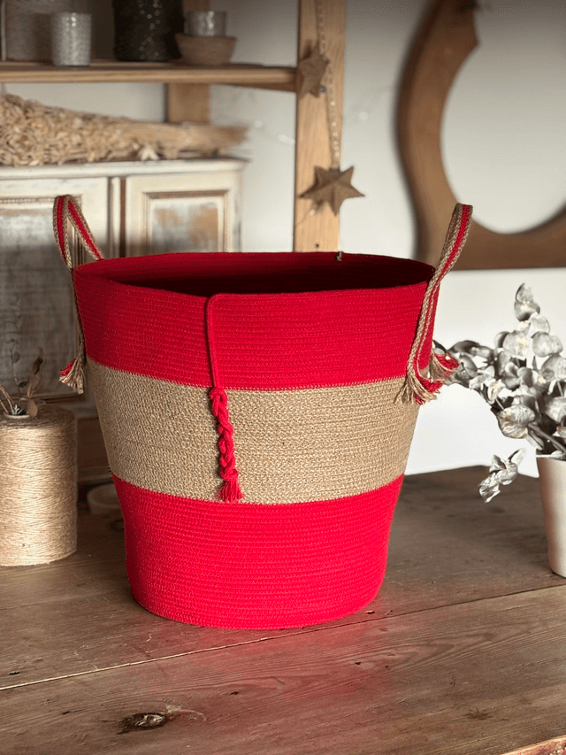 Panier de rangement décoratif tresse jute & coton rouge