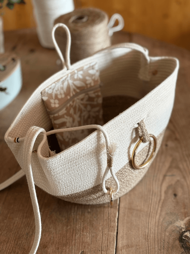 Sac à bandoulière format moyen tresse jute & coton écru