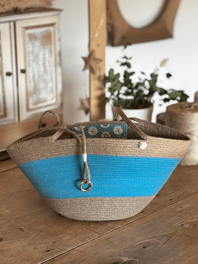 Sac cabas format moyen tresse jute & coton turquoise