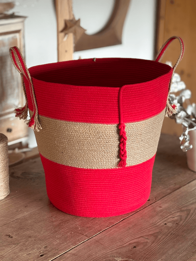 Panier de rangement décoratif tresse jute & coton rouge