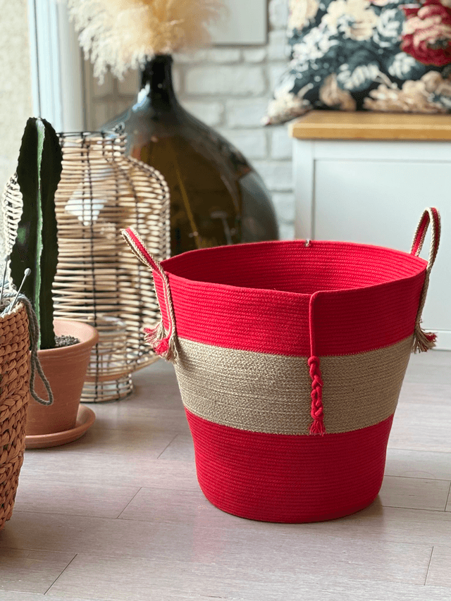 Panier de rangement décoratif tresse jute &amp; coton rouge