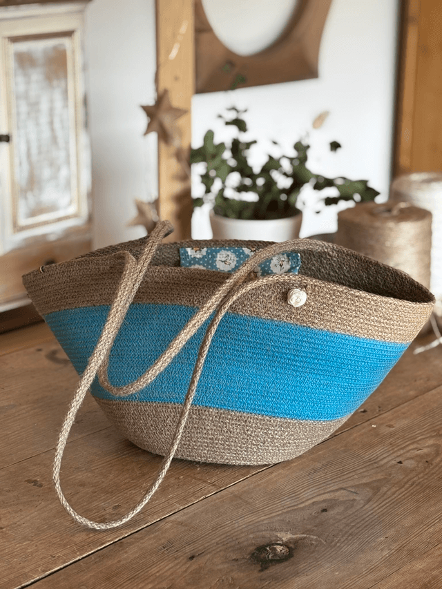 Sac cabas format moyen tresse jute &amp; coton turquoise